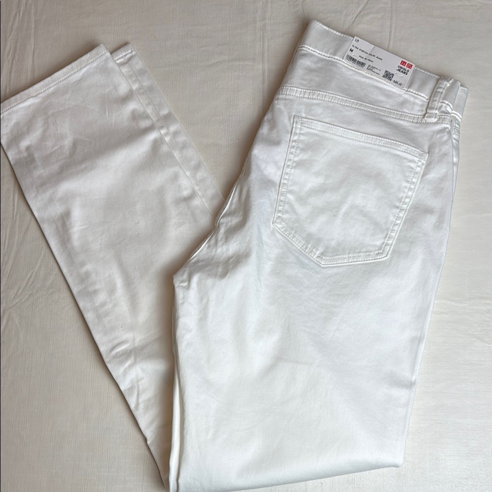 UNIGLO Men’s  White Ultra Stretch Denim Button|Drawstring Jeans Size M NWT